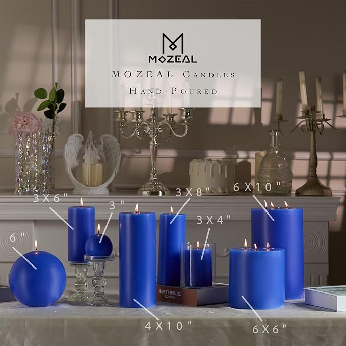 MOZEAL 3" x 8" Hand-Poured Unscented Large Candle,Smokeless Rustic Pillar Candle Set of 2,Slow Burn,No Drip,Approx 150 Hours Burning,Wedding,Dinner,Christmas and Home Decorative,Tall Blue Candle