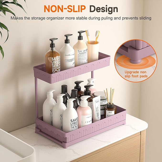 3 Pack Multi-Purpose Under Sink Organizers and Storage, 2026 L-Shaped Pull Out Cabinet Organizer for Bathroom & Kitchen, Under Cabinet Organizer with Hooks Hanging Cup (Pink, 12.85 inch)