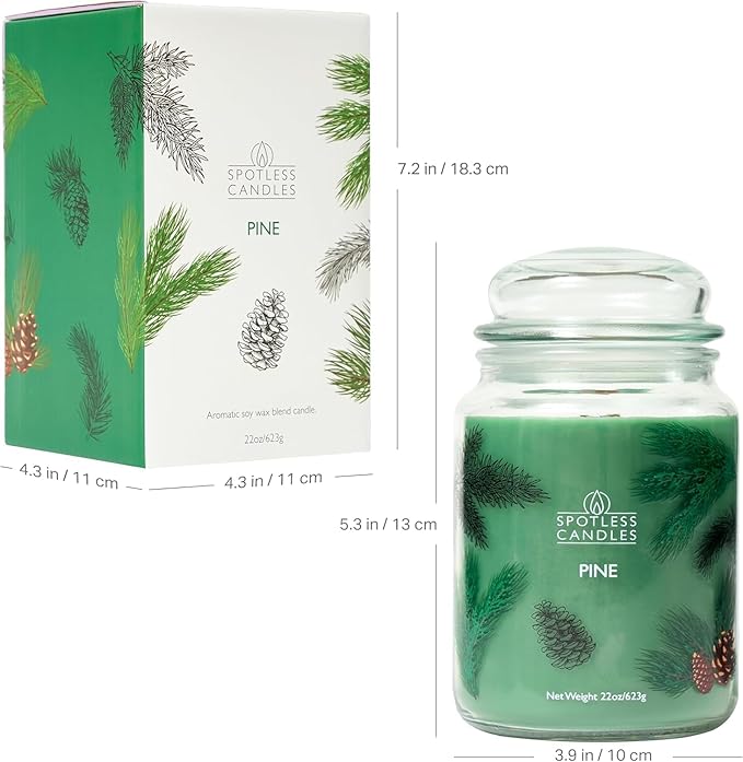 Pine Candle - Large 22oz Glass Jar with Wooden Wick 130 Hours Burn Time - Decorated Jar Within a Presentation Gift Box and Protective Shipping Box