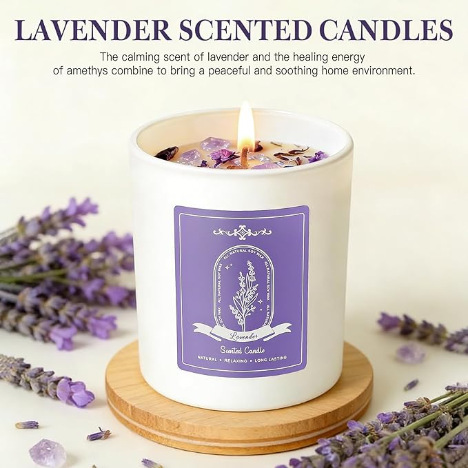 Lavender Scented Candle Gift - 10oz Natural Soy Wax with Crystals, 60H Long Lasting Aromatherapy Candle for Relaxation, Birthday Mother's Day Gifts for Women