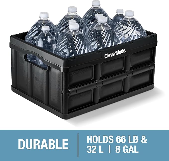 CleverMade Collapsible Storage Bins 32L 3 Pack – Heavy Duty Foldable Storage Bins with Built-In Handles for Garage Storage and Home Organization - Obsidian