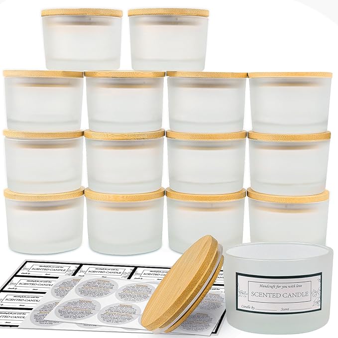 CONNOO 15 Pack 4 OZ Frosted Glass Candle Jars with Airtight Bamboo Lids for Making Candles, Bulk Small Wide Mouth Empty Candle Containers with Sticky Warning Labels - Dishwasher Safe