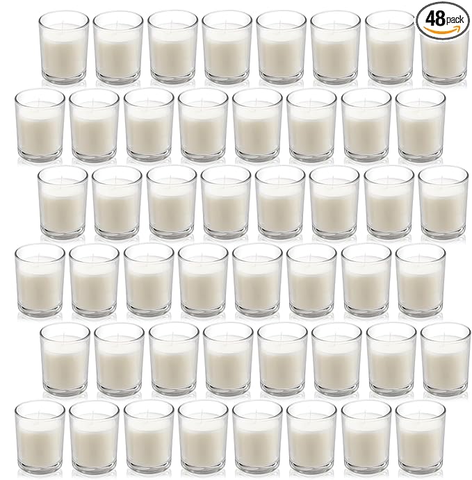 Housecret 48 Pack Warm White Unscented Clear Glass Filled Votive Candles. Hand Poured Wax Candle Ideal Gifts for Aromatherapy Spa Weddings Birthdays Holidays Party