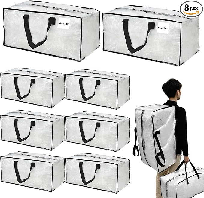 Clear Moving Bags – 8 Pack Large Foldable Storage Bags with Handles and Straps for Clothes, Bedding, and Seasonal Items