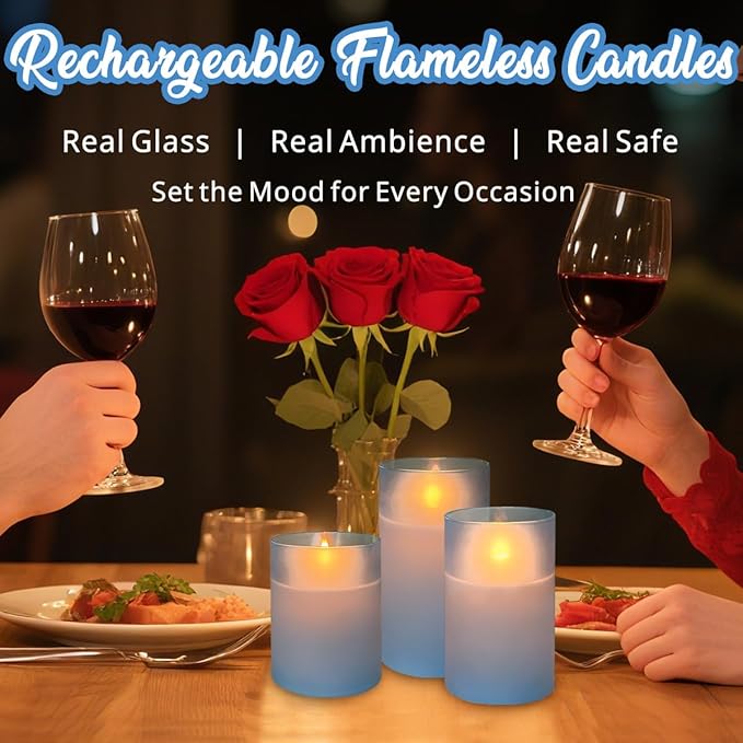 Rechargeable Flameless Candle, Flickering LED Pillar Glass Fake Candle with Remote and Timer, Built-in Battery Real Wax Electronic Candle for Room Decoration, Set of 3
