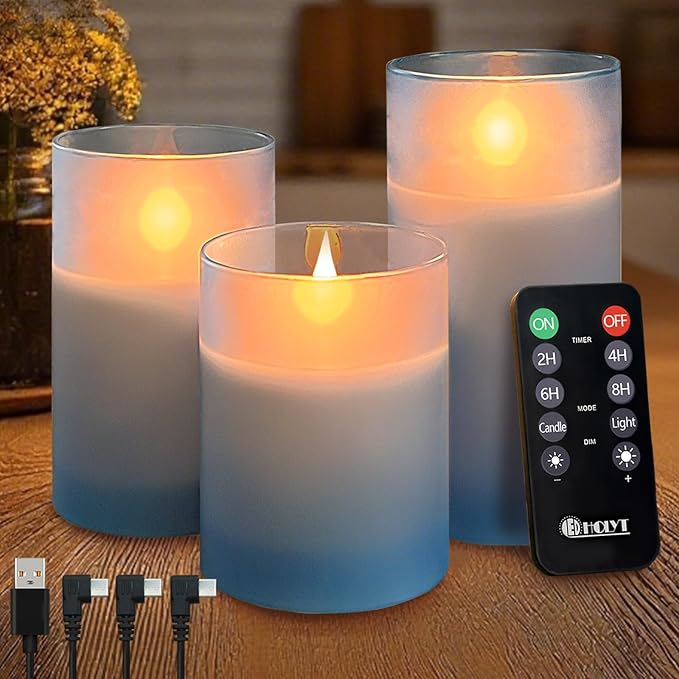 Rechargeable Flameless Candle, Flickering LED Pillar Glass Fake Candle with Remote and Timer, Built-in Battery Real Wax Electronic Candle for Room Decoration, Set of 3