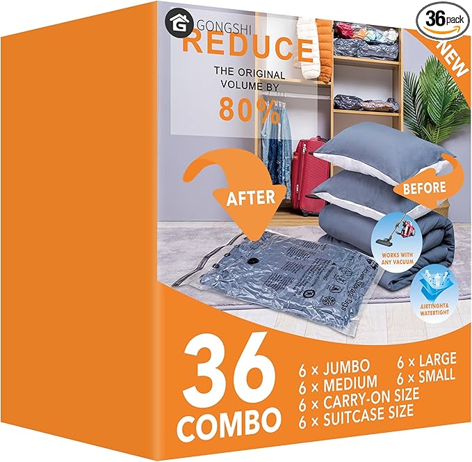 GONGSHI Vacuum Storage Bags, Space Saver Seal Bags For Clothing, Blankets, Comforters, Pillows, Clothes Storage,Travel Luggage.36 Combo