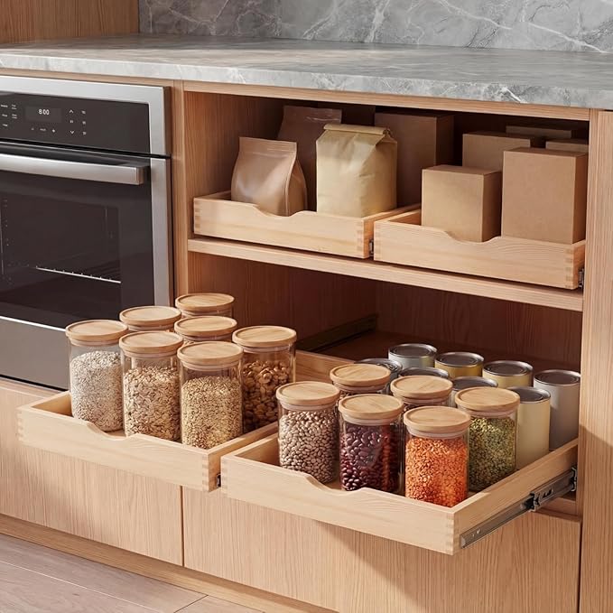 Menkxi 2 Set Wooden Pull out Cabinet Organizer Fully Assembled Slide out Pantry Drawer with Gentle Close Storage Shelf Tray for Base Kitchen Under Sink Bathroom Accessory(Wood Color,18'' X 21'' X 3'')