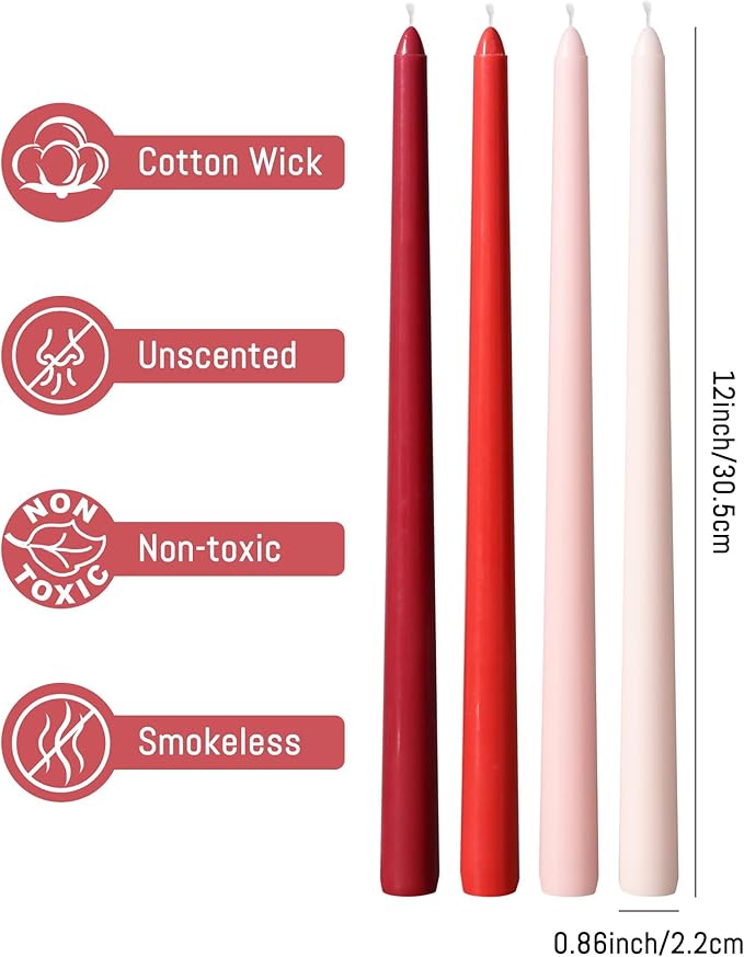 Viyffo 12 Inch Red Taper Candles 4 Pack Unscented Smokeless Long Tall Tapered Candles for Candlesticks Sticks Wedding Home Decor Dinner