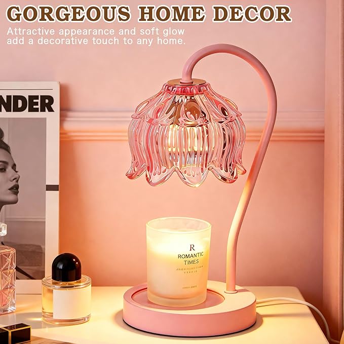 Funistree Pink Candle Warmer Lamp with Timer Dimmable,Lily of The Valley Candle Lamp Warmer, Mothers Day Birthday Gift Idea for Women Her Mom Who Have Everything, Wax Warmer for Jar Candles