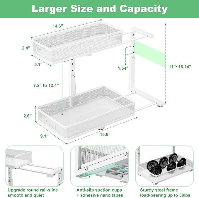 Under Sink Organizer, High Adjustable 2 Tier Under Sink Organizers and Storage, Slide out Metal Cabinet Organizers, Pull out Storage Drawer Shelf for Kitchen Bathroom Cabinet (1, White)