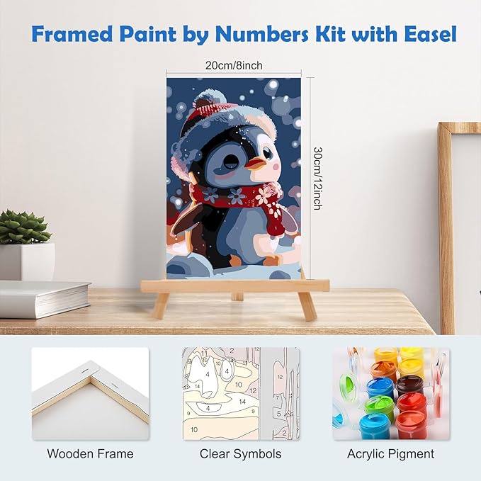 MOGTAA Christmas Paint by Numbers Kit for Adults Beginners with Frame, Penguin Adult Paint by Number Kits on Canvas with Easel, Easy DIY Winter Oil Painting Kits for Home Decor, 8x12in