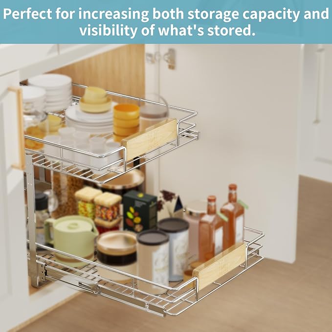 LOVMOR 2 Tier Pull Out Cabinet Organizer 22½" W x 21½" D, Slide Out Drawers with Wooden Handle, Sliding Shelves Organization and Storage for Kitchen, Pantry