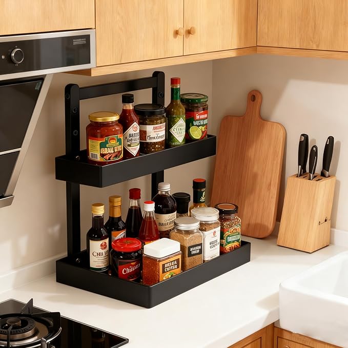 2-Tier Under Sink Pull Out Organizer, Bamboo Cabinet Storage Shelf with Adjustable Height, Slide Out for Kitchen Bathroom Pantry Black