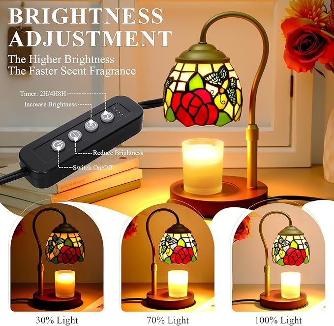Candle Warmer Lamp with Timer Dimmer, Butterfly Tiffany Style Stained Glass Candle Lamp Warmer, Adjustable Wax Melt Warmer with 2 Bulbs for Small Jar Candles Valentine Birthday Gifts for Women