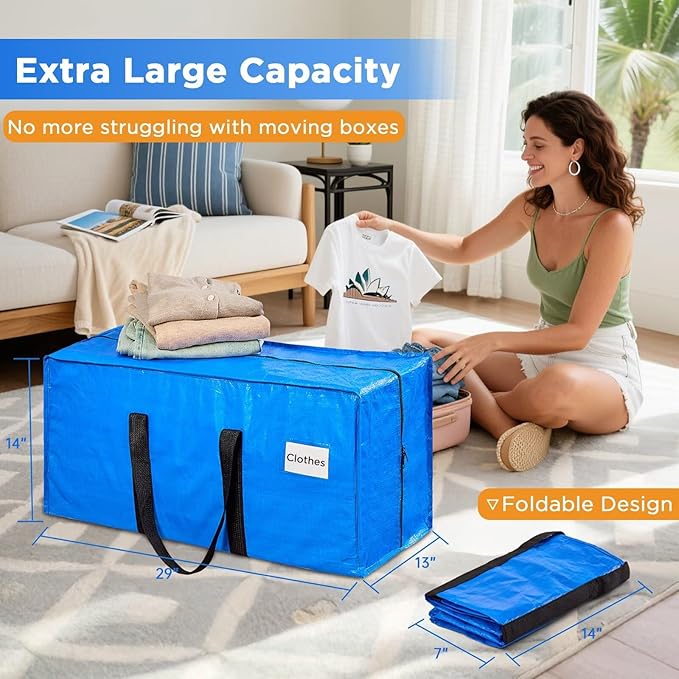 BETU Extra Large Moving Bags Heavy Duty Storage Bags with Zipper Handles, 16 Pack Clothes Storage Totes Bins Packing Moving Boxes, Moving Supplies for College Dorm Essentials, Space Saving, Blue