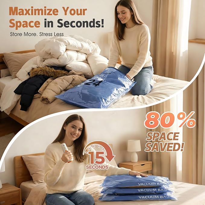 QcoQce Wireless Vacuum Storage Bags with Pump, 12-Pack (2 L/4 M/4 S/2 Bonus),Space Saving Bags for Travel, Moving & Home Organization,Compression Packing Cubes for Suitcase, Closet & Cruise Must Haves