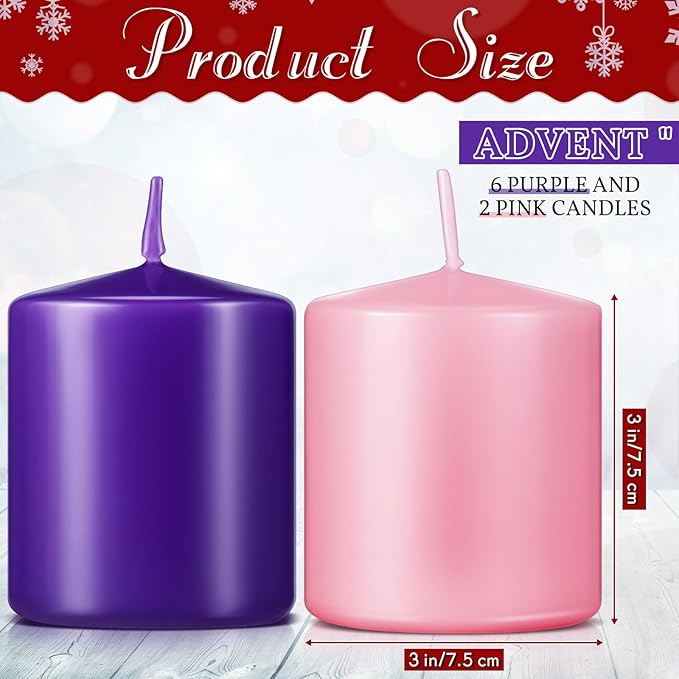 Amylove 8 Pcs 3 x 3 Inch Advent Pillar Candles Set Pink Purple Christmas Unscented Lasting Burning Church Candles for Advent Wreath Holiday Gifting