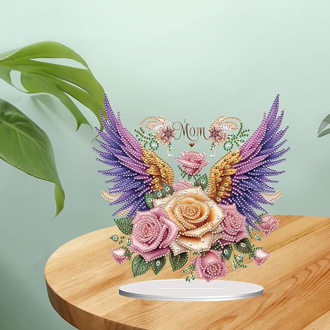 ARTopet DIY Diamond Desktop Ornament PET Irregular Shape Special Shaped Crystal Double Sided Pattern Single Sided Diamond Art Painting Tabletop Home Ornaments Decor (Mother’s Day Rose Wings)