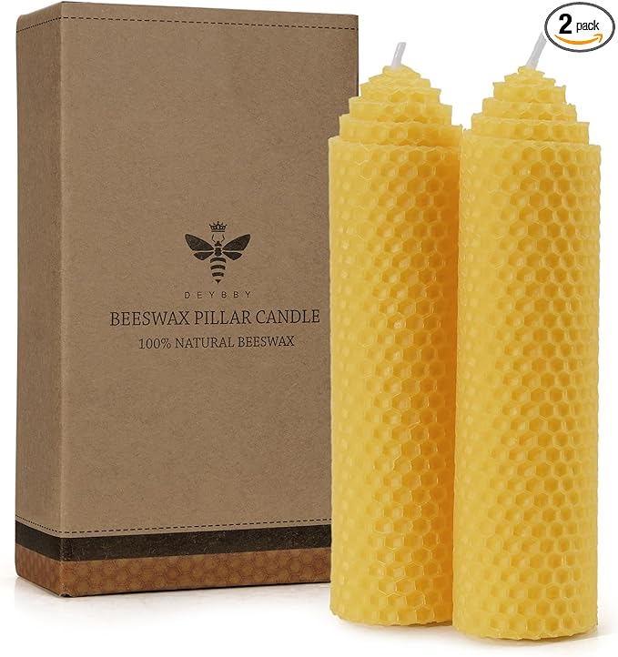 Beeswax Pillar Candles Set of 2 - Handmade Pure Beeswax Rolled Candles for Gift & Home Decor (1.5×6 in)