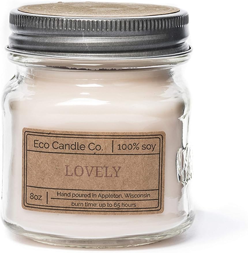ECO CANDLE CO. Mason Jar Candle, Lovely, 8 oz. - Scents of Lavender, Rosewood, Orchid, Bergamot, Cedarwood, & Musk - 100% Soy Wax, No Lead, Kraft Label & Antiqued Pewter Lid, Hand Made
