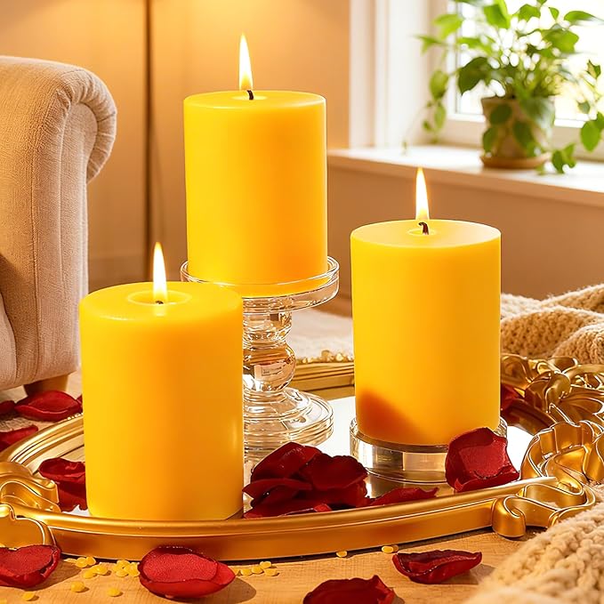 1 Packs 3" x 4" Natural Beeswax Pillar Candles,60 Hours Long Burning Emergency Candles 100% Pure Beeswax Candle,Blessed Bees Wax Candles for Home Room Paryer Parties,Smokeless & Dripless