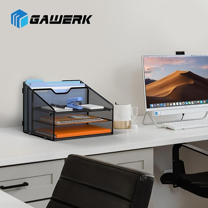 GAWERK Letter Tray Organizer, Mesh Desk File Organizer with 3 Paper Trays and 2 Vertical Upright Section (White)