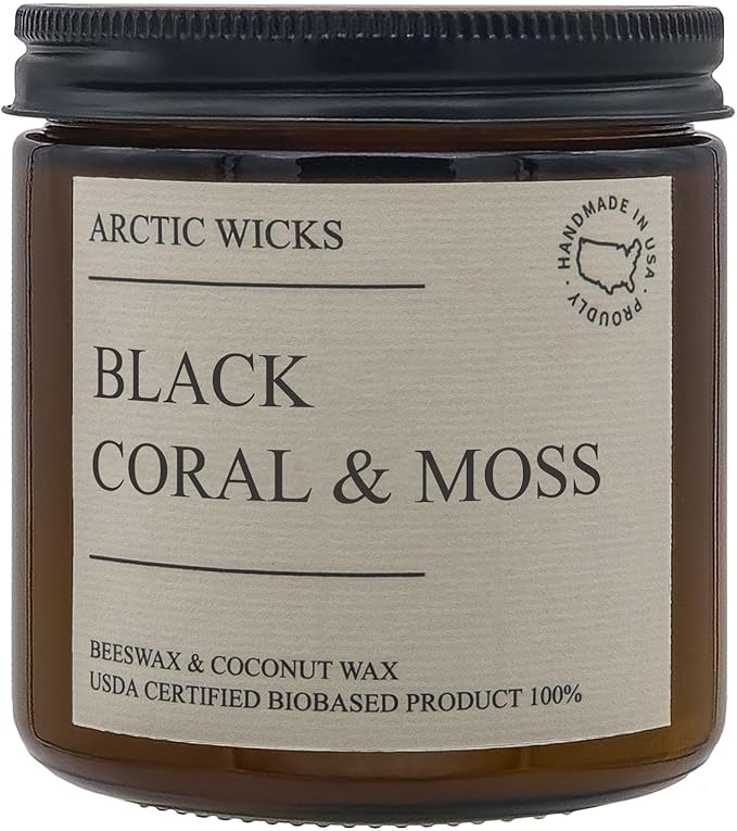 Arctic Wicks Handcrafted Candles | Non Toxic Coconut Beeswax Candles 16oz Double Wick | 100% USDA Certified Biobased, Handmade, Premium Waxes, Non-Toxic (Black Coral & Moss, 16oz Amber Jar)