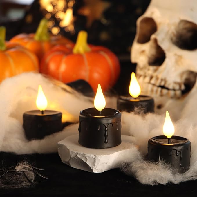 Daord 6 pcs Rechargeable Halloween Black Flameless LED Tea Light Candles Halloween Pumpkins Lights for Holiday Decor, Theme Party Decor(Black)