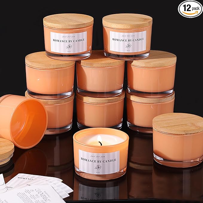 REISEN 12 PCS Orange Candle Jars for Making Candles, 4 OZ Glass Jars with Bamboo Lids and Sticky Warning Labels, Candle Containers for DIY Gifts, Candle Making Supplies