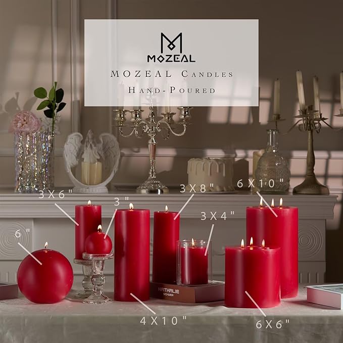 MOZEAL 4" x 12" Extra-Large Red Pillar Candles (Set of 2), Unscented,Dripless, Smokeless,Long Clean-Burning,These Tall 12 inch Large Red Pillar Candles Perfect for Weddings and Christmas Decor