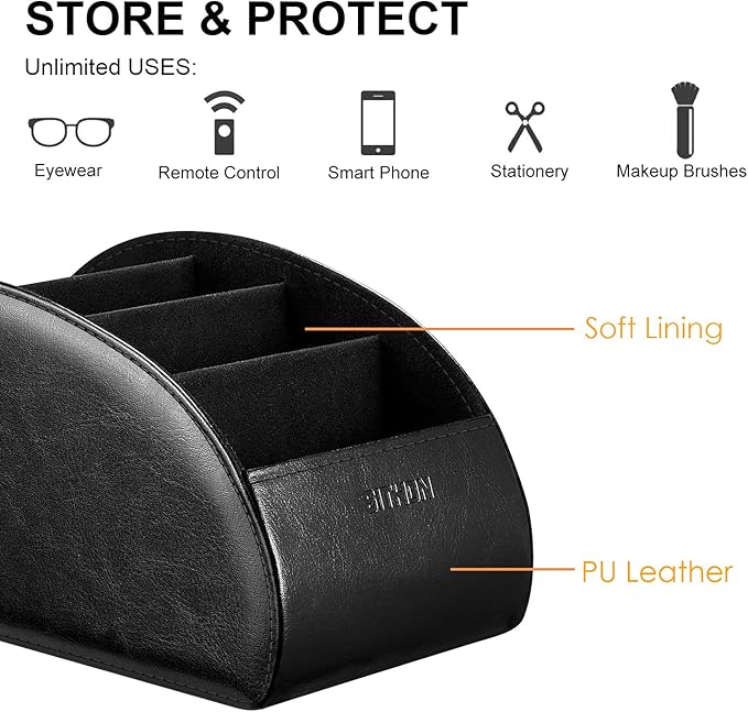 SITHON Remote Control Holder with 5 Compartments – [Upgrade Version] PU Leather Remote Caddy Desktop Organizer Store TV, DVD, Blu-Ray, Media Player, Smart Phones, Heater Controllers (Black)