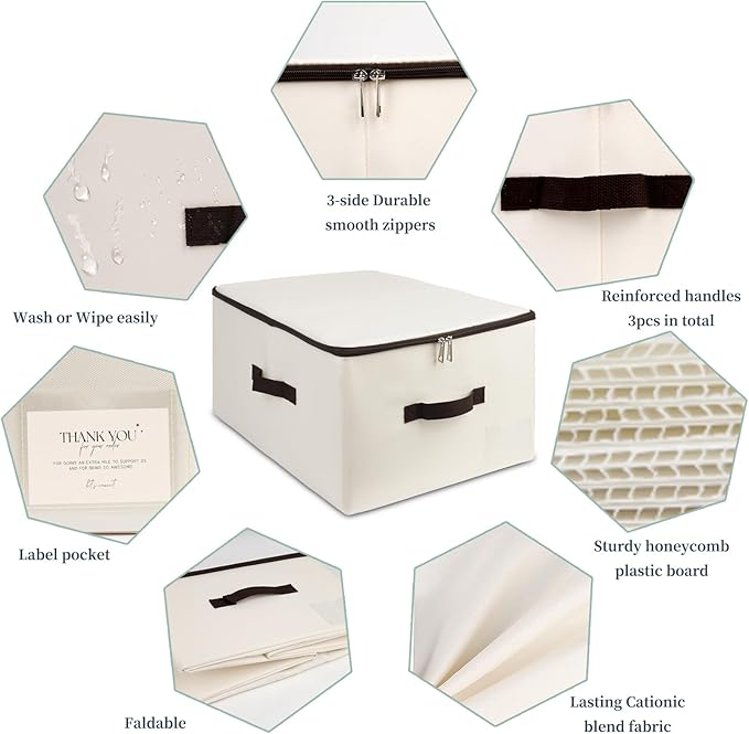 iwill CREATE PRO Folding Lidded Storage Bins with Lockable Zip & Label Pocket & Handles, Compatible for Most Closet Shelves Wardrobe Storage Organizer, Beige,2pcs