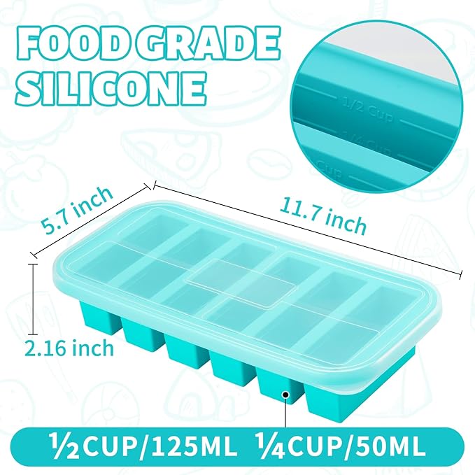 SHIKORI Silicone Freezer Tray With Lid, Silicone Freezer Food Molds, Large Ice Cube Tray, Silicone Freezer Container,Freeze & Store Soup, Sauce, Broth,Leftovers (Blue-6 Cups)