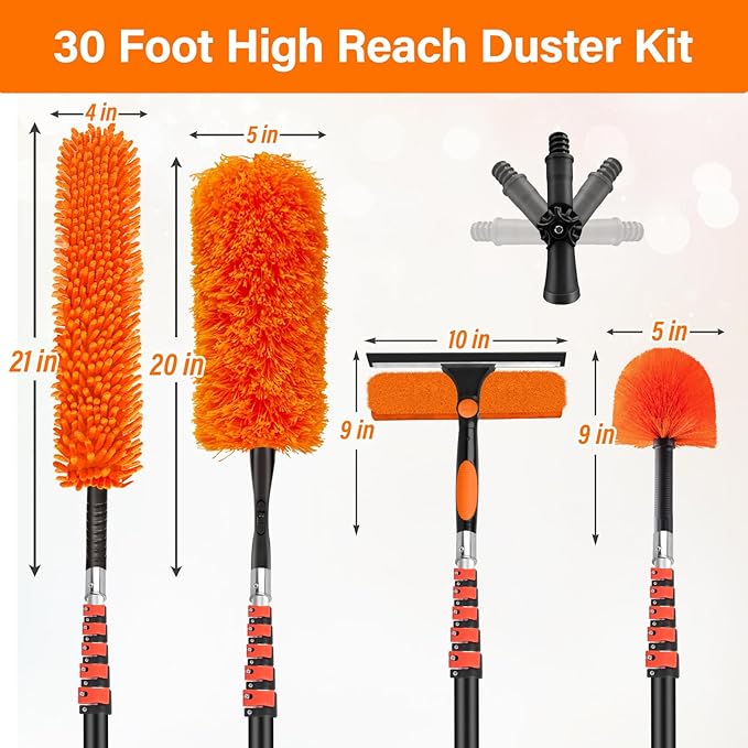 30FT High Reach Duster Cleaning Kit with 24FT Pole | 4-in-1 Tool Set with Universal Swivel Joint | High Ceiling Fan Cleaner, Microfiber Duster & Window Squeegee for Safe High-Reach Cleaning
