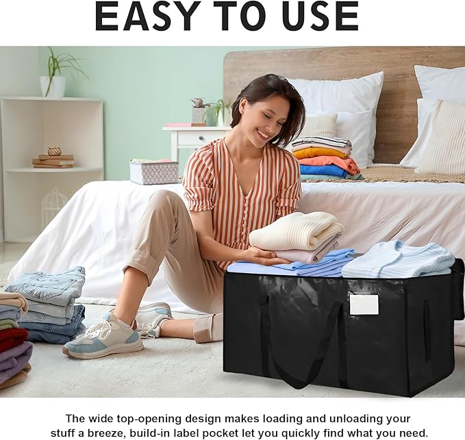 12 Pack-Extra Large Heavy Duty Moving Bags - Waterproof Storage Totes with Handles & Zippers, Foldable for College Dorm, Storage (Black)