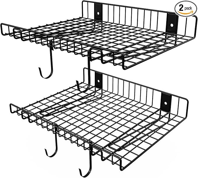 2 Pack Garage Wall Shelf, Wall Mounted Storage Shelves, Heavy Duty Metal Shelves for Room Wall, Loads 80 LBS Floating Shelves Mesh Storage Rack for Garage, Office, Basement,Wall Cabinet and Kitchen