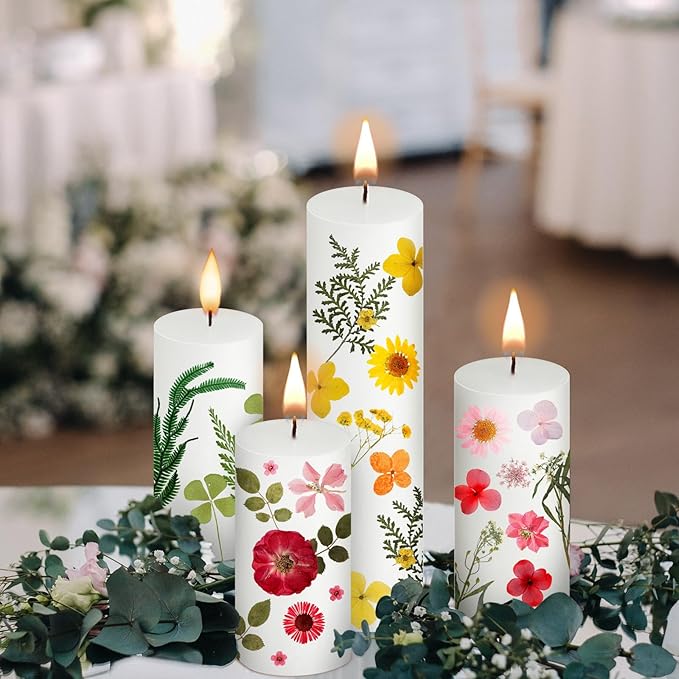 MTLEE 24 Pack Dried Pressed Flower Candle Painting Kit 6 White Pillar 6 Dried Pressed Flower 10 Tealight Candle Tweezer Brush for Galentines Girls Night Birthday Wedding Party DIY Crafts(4/6/8 Inch)