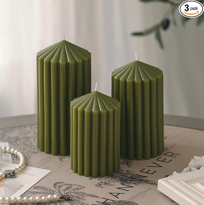 3 Pack Dark Green Ribbed Pillar Candles - Soy Wax Unscented, 2.76"x4.2/4.9/5.9 in Smokeless Non Toxic Cotton Wick, Aesthetic Modern Candles for Home Decor, Dinner Table, Living Room, Housewarming Gift