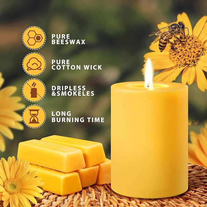 4 Packs Natural Beeswax Pillar Candles, 212 Hours Long Burning Organic Emergency Candle 2.8x4in Unscented Pillar Candles 100% Pure Bees Wax Candles for Home Paryer