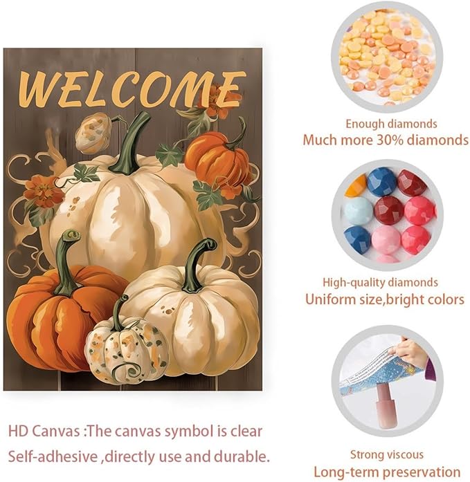 GUAIEUW DIY Diamond Painting Kit - Autumn Pumpkin Diamond Painting, 5D Full Round Diamond Diamond Art Painting for Adults with Accessories, Home Wall Decor Premium Gift 20x24 Inch