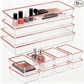 12 Pack Large Size Clear Stackable Drawer Organizer Trays, Rose Gold Rim Makeup Drawer Storage Tray Divider, Desk Storage for Makeup, Jewelry, Bathroom, Stationary, Kitchen Utensils and Office Desk