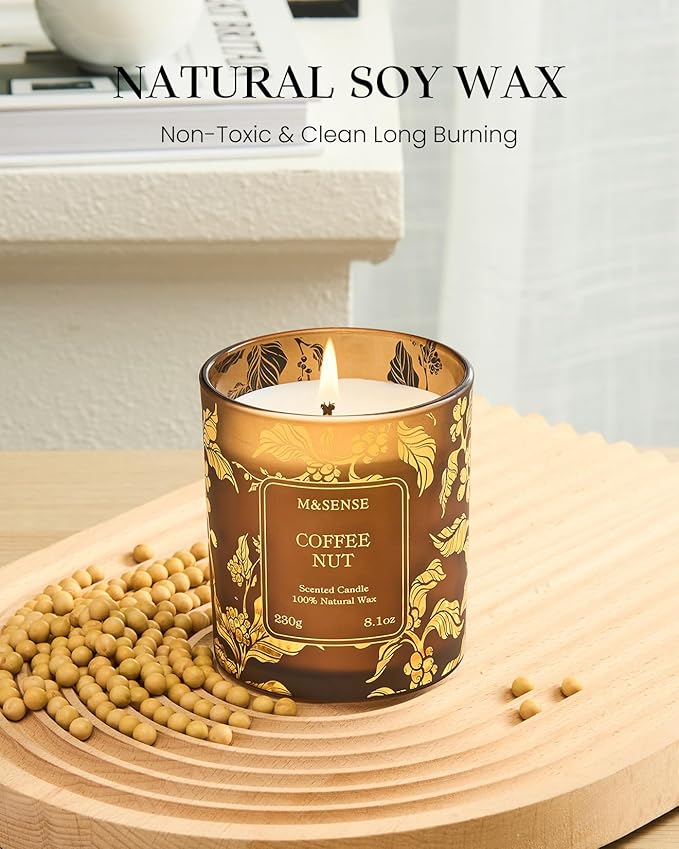 M&SENSE Coffee Nut Soy Candles, Vegan Naturally Scented 8.1oz 42-Hour Long Burning, Winter Home Fragrance for Office Bathtub Calm, Housewarming New Year Gifts