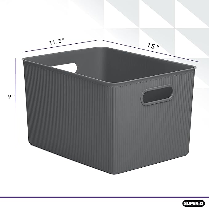 Superio Decorative Plastic Basket Open Home Storage Bins Organizer Baskets, X-Large Grey (8 Pack) Container Boxes for Organizing Closet Storage Bins for Shelves Drawer Shelf 22 Liter/23 Quart