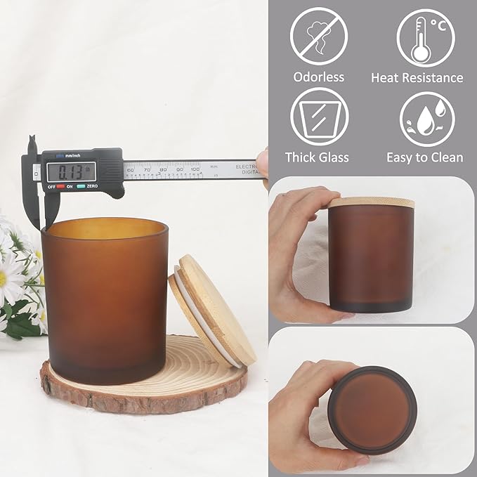 MILIVIXAY 12 Pack 10 OZ Frosted Amber Thick Glass Candle Jar with Lids - Bulk Empty Candle Jars for Making Candles - Spice, Powder Containers.