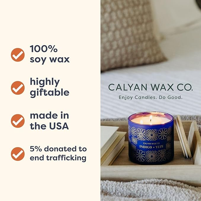 Calyan Wax Co. Indigo & Yuzu 3 Wick Scented Candle - 43 Hour Burn - Luxury 3 Wick Soy Candles - Non Toxic Soy Wax Candles - Long Lasting Large Glass Jar Candle for Home - 14.9oz