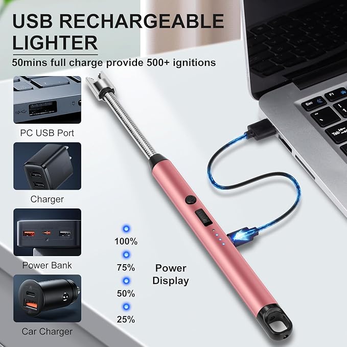 LcFun Candle Lighter with 360° Flexible Neck & Safety Lock, Windproof USB Rechargeable Electric Lighter, Flameless Arc Long Matches for Grill, BBQ, Camping, Fireplace, Stove