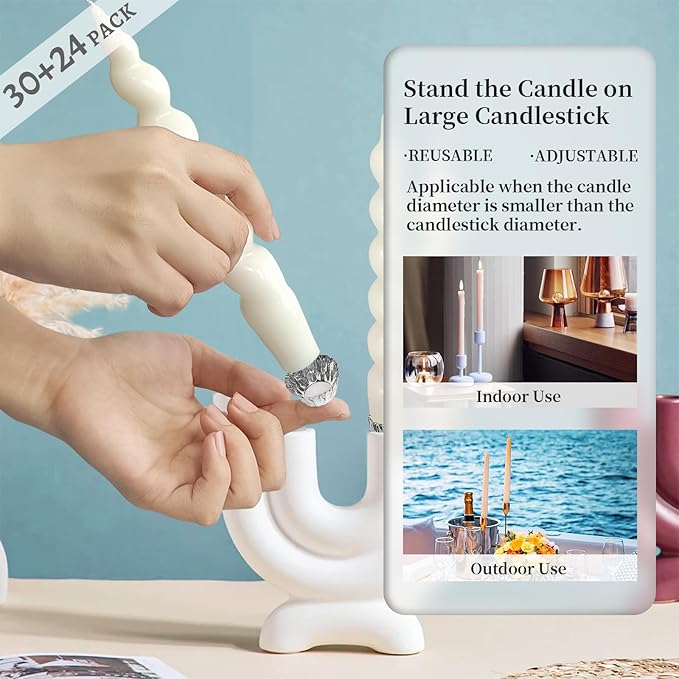 Taper Candle Fittings Set 30 Silver Bobeches & 24 White Sticky Dots for Secure Placement in Taper Candle Holders