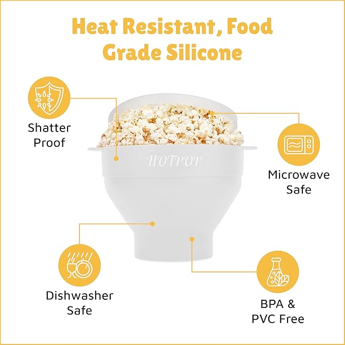 The Original HotPop Silicone Popcorn Maker - Microwave Popcorn Popper - Collapsible Bowl, Heat-Resistant, Easy to Clean, Ideal for Family Movie Nights, 15-Cup Capacity - White