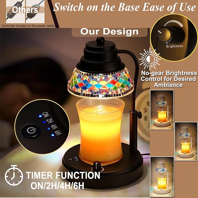 Electric Candle Warmer Lamp with Colorful Diamond Lampshade, Stained Glass Wax Melting Lamp with Timer and Dimmer, Adjustable Candle Warmer Light Home Decor (Black)